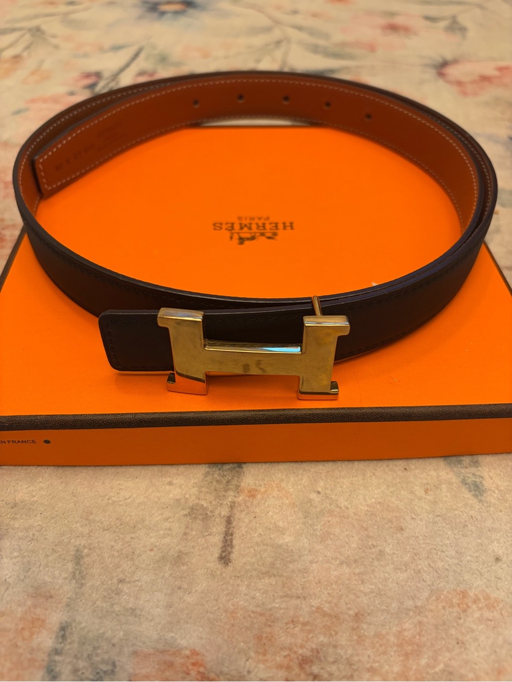 Hermes Black and Brown Reversible Leather Belt with Gold H Buckle